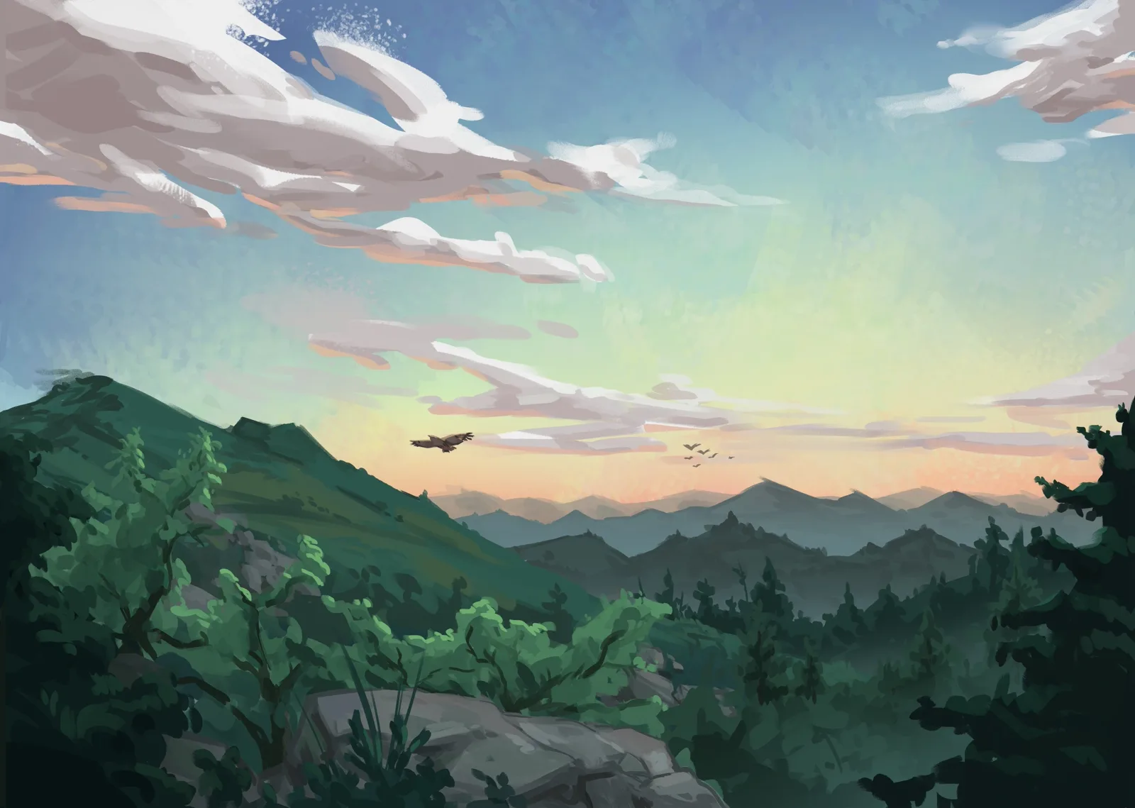 Appalachian Trail Cover (No Text) Clean full wraparound illustration for the 'Walking to Dinner on the Appalachian Trail' book cover, without title text, showing a sunrise over silhouetted mountain ridges with a hawk flying above the forest