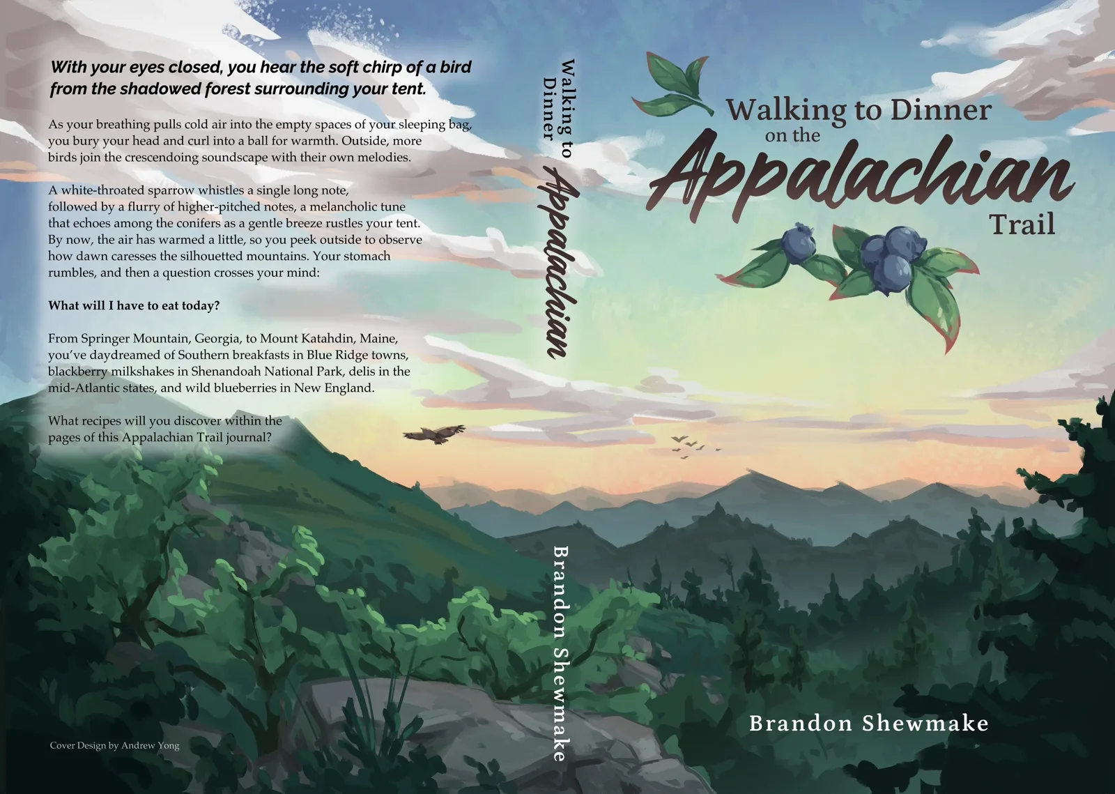 Walking to Dinner on the Appalachian Trail Full wraparound book cover for 'Walking to Dinner on the Appalachian Trail' by Brandon Shewmake, featuring a sunrise over silhouetted mountain ridges with a hawk flying above the forest