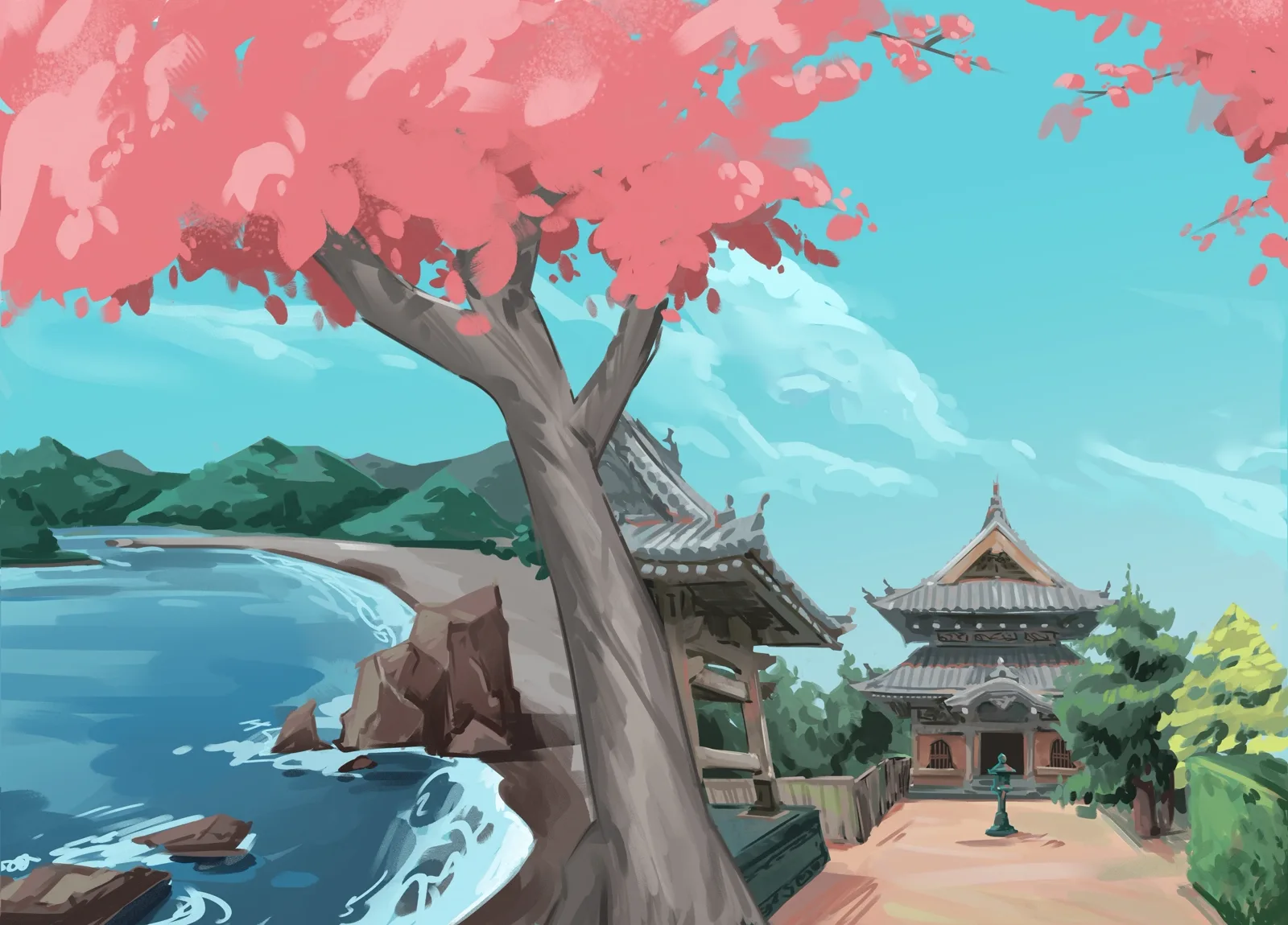 Shikoku Pilgrimage Cover (No Text) Clean full wraparound illustration for the 'Walking to Dinner on the Shikoku Pilgrimage' book cover, without title text, showing a cherry blossom tree framing a Japanese temple overlooking a coastal bay