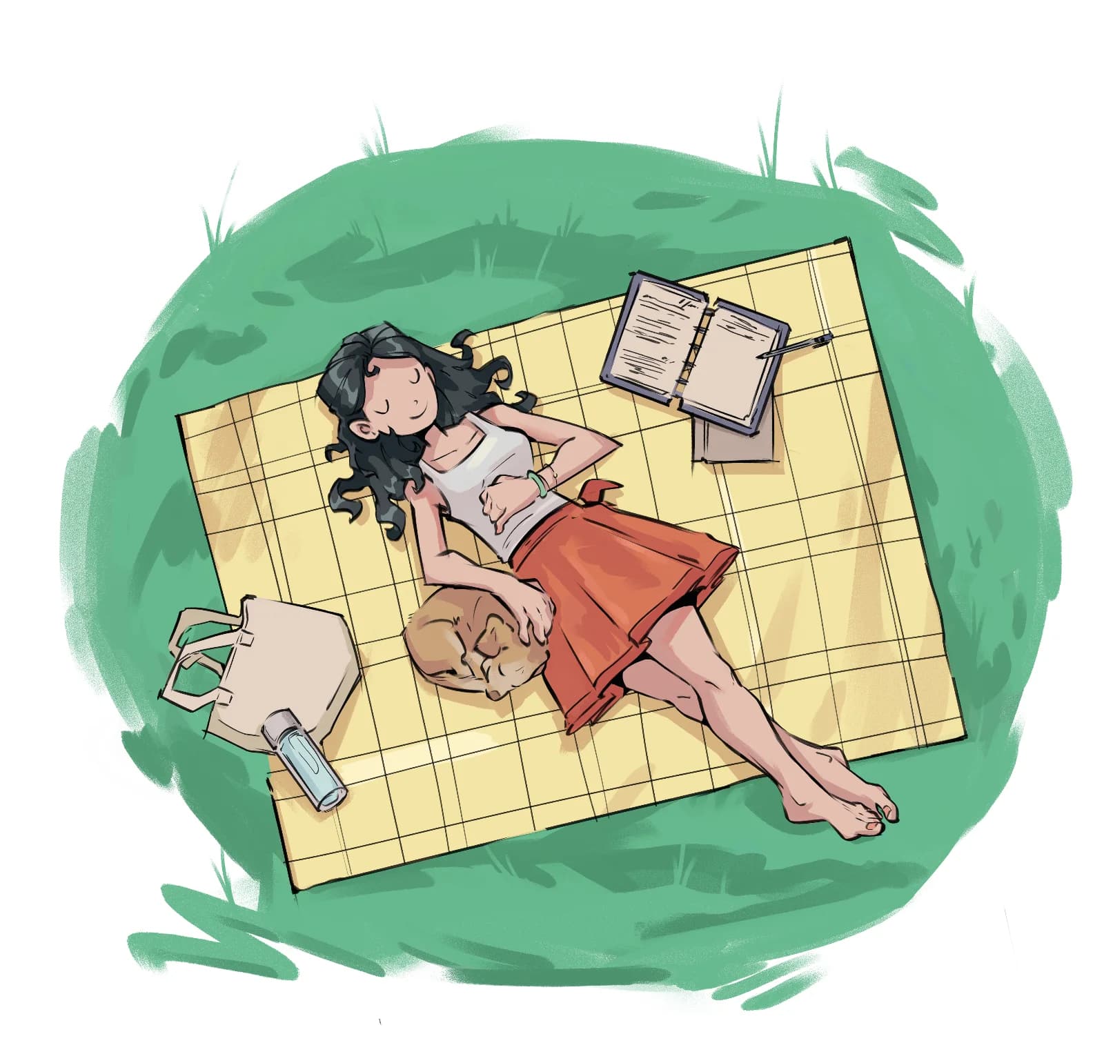 Holistic Health pt. 1 Top-down illustration of a woman napping on a picnic blanket with her dog, surrounded by an open notebook, tote bag, and water bottle