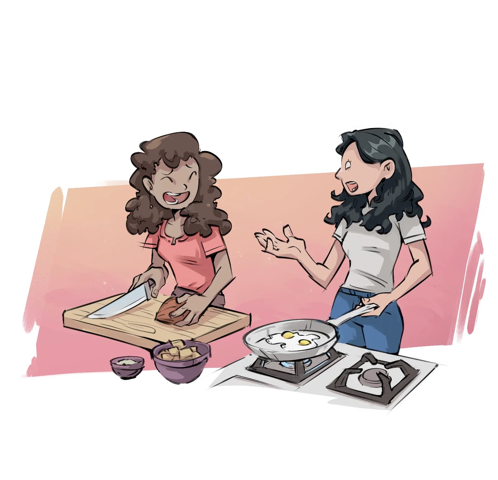 Holistic Health pt. 2 Illustration of two women cooking together in a kitchen, one chopping meat on a cutting board while the other fries eggs and talks