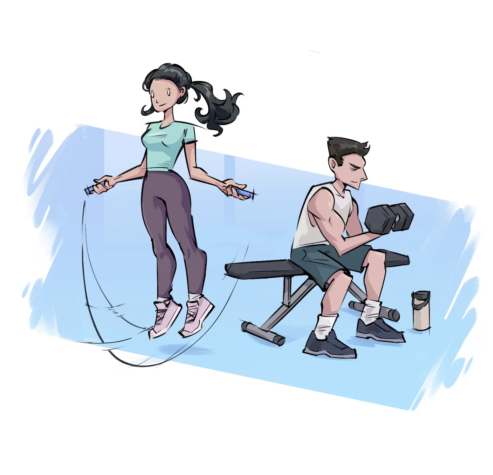 Holistic Health pt. 3 Illustration of a woman jump roping beside a man lifting a dumbbell on a gym bench