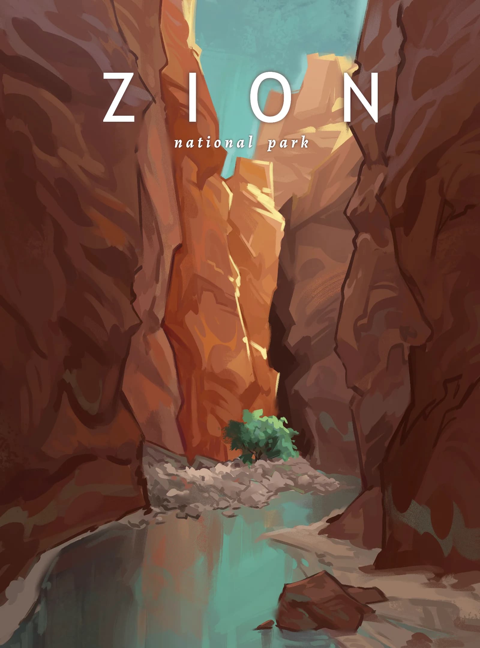 Zion National Park Digital painting of Zion National Park's towering red sandstone canyon walls and winding Virgin River