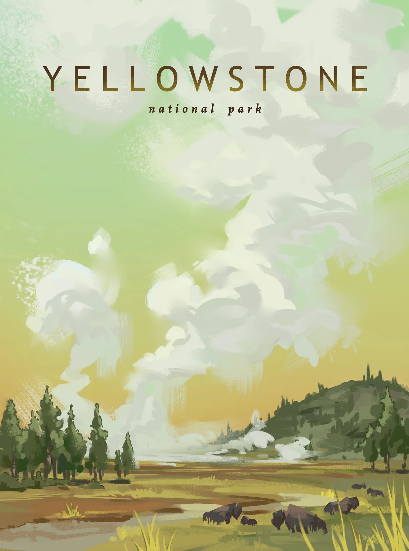 Yellowstone National Park Digital painting of Yellowstone National Park with geothermal hot springs and vast wilderness landscape