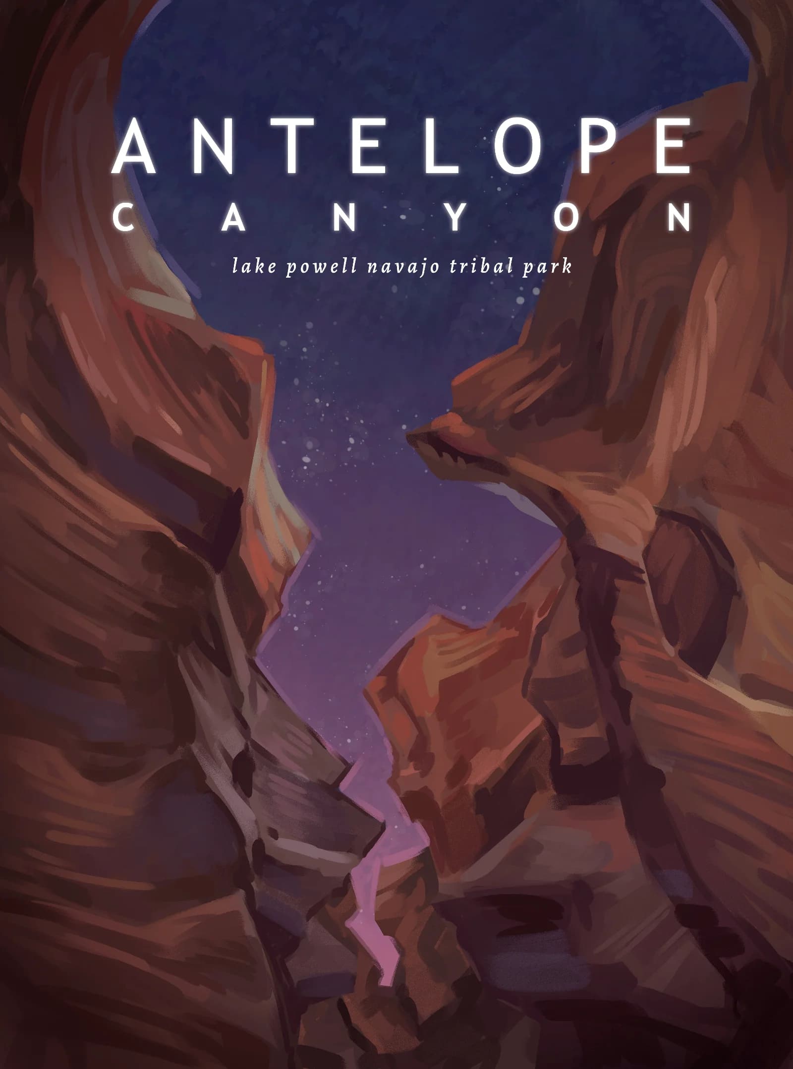 Antelope Canyon Digital painting of Antelope Canyon's narrow slot canyon with glowing orange and red sandstone walls