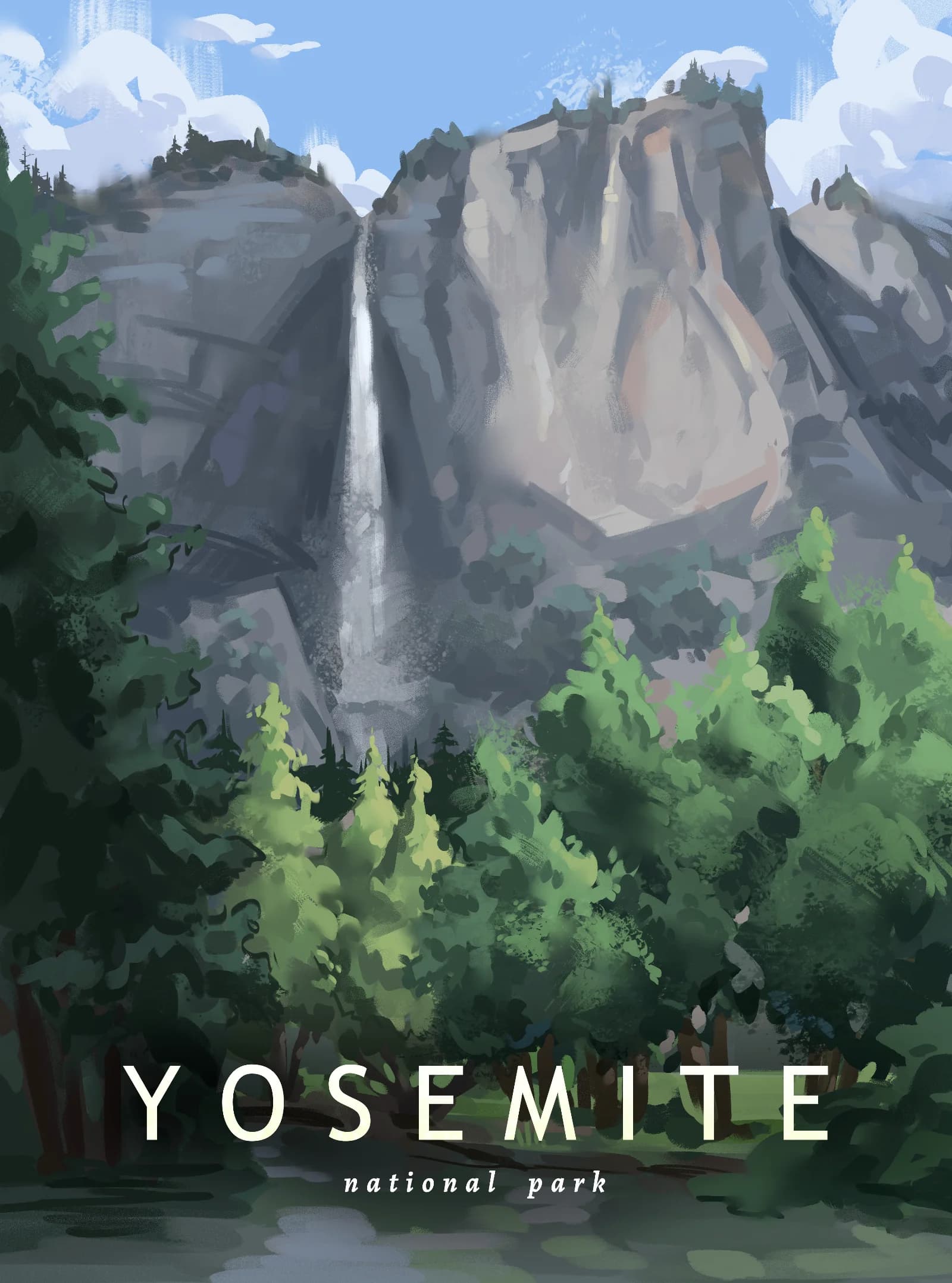 Yosemite National Park Digital painting of Yosemite Valley with dramatic granite cliffs, waterfalls, and lush valley floor