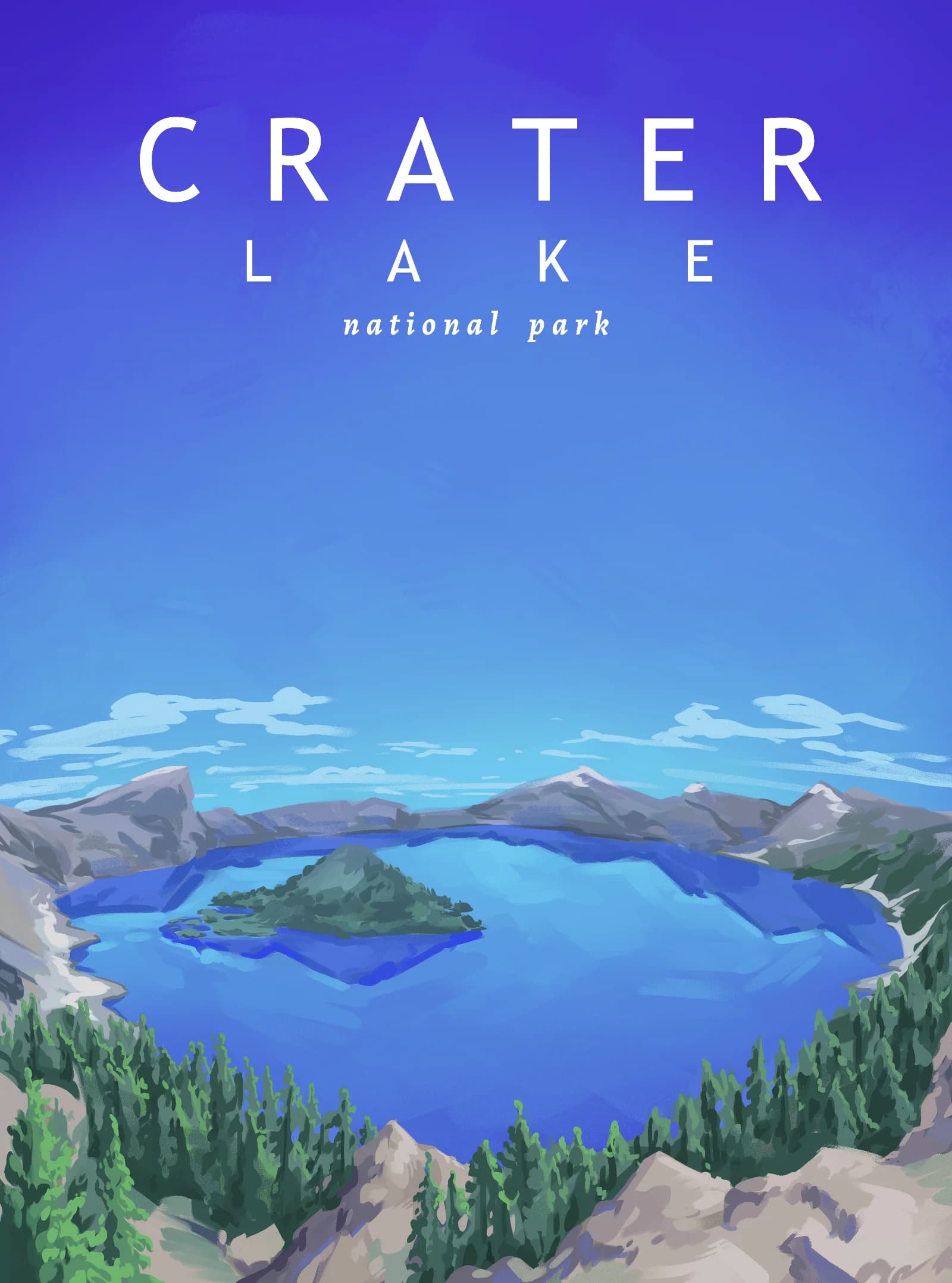 Crater Lake National Park Travel poster illustration of Crater Lake National Park featuring a deep blue volcanic lake with Wizard Island surrounded by forested cliffs
