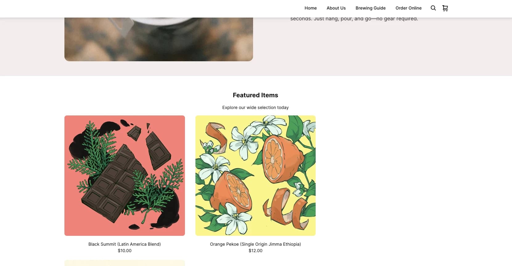 Website Mockup Screenshot of the Pourtables Coffee website featuring the Black Summit and Orange Pekoe label illustrations on product cards