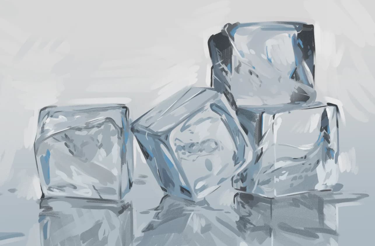 Ice Still life digital painting of ice with cool blue highlights and reflective crystalline surfaces