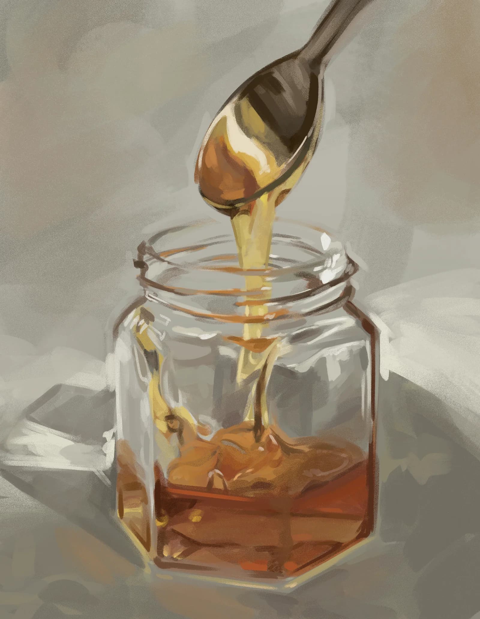 Honey Still life digital painting of honey drizzling off a spoon into a glass jar, with warm amber tones and fluid golden texture