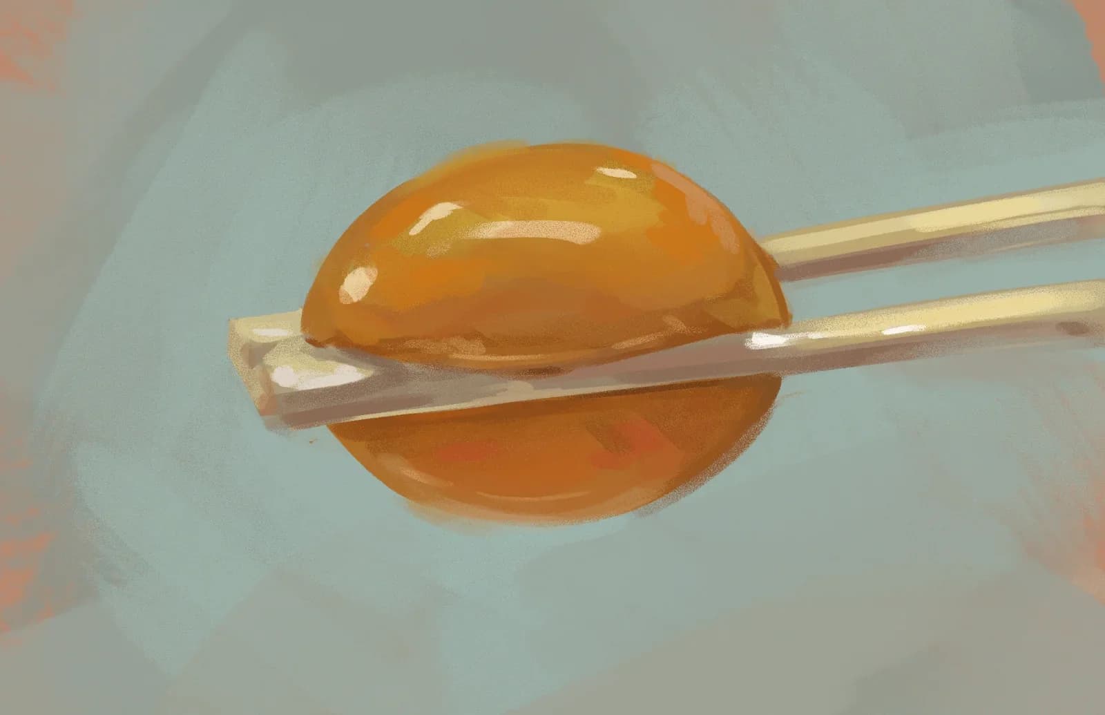 Egg Yolk Close-up still life digital painting of a small round orange kumquat pinched between a pair of chopsticks against a muted teal background