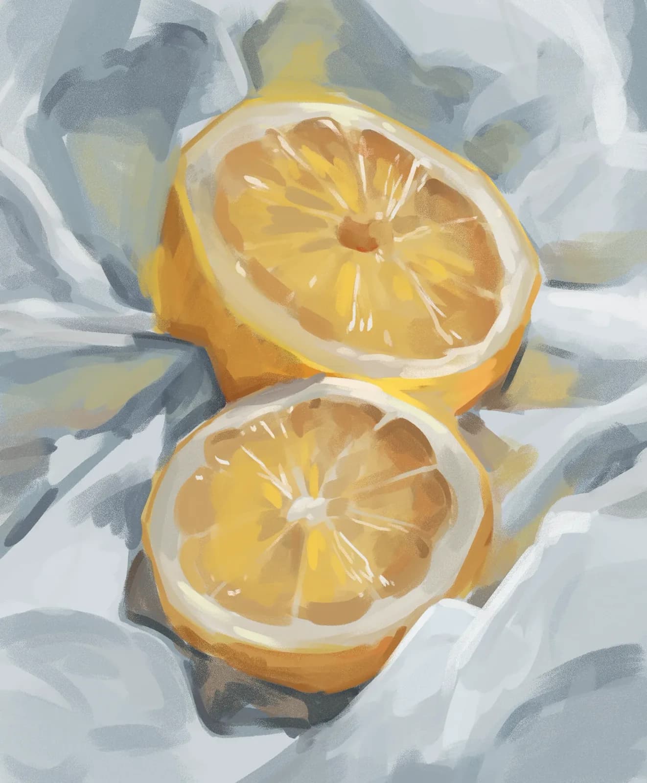 Lemons Still life digital painting of two lemon halves resting on a soft grey cloth