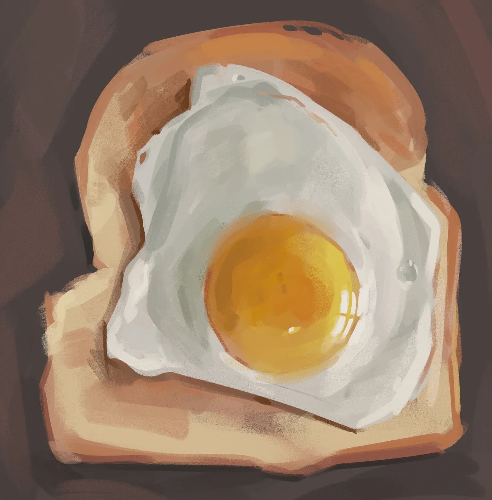 Fried Egg on Toast Top-down still life digital painting of a fried egg with a golden yolk on a slice of toasted bread