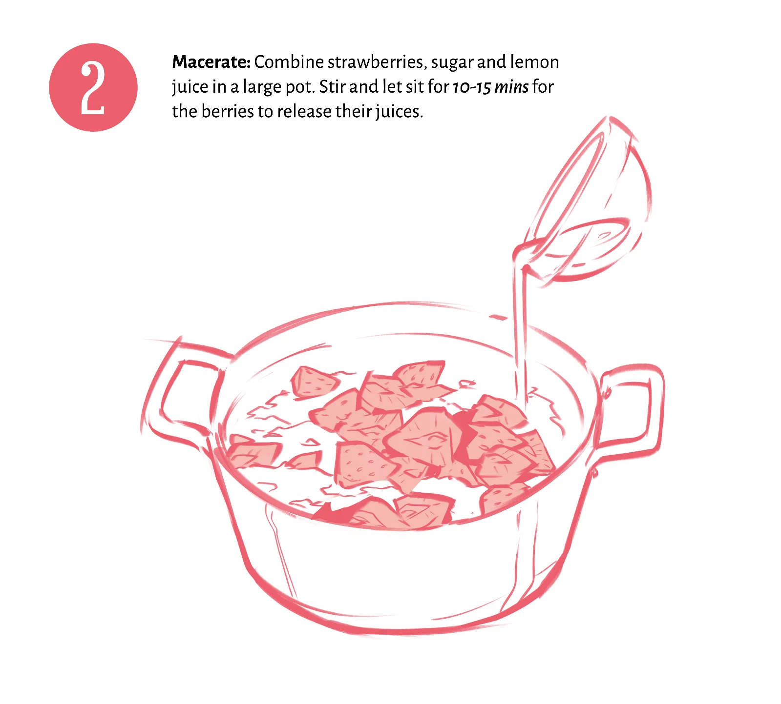 Step 2: Macerate Line art illustration of lemon juice being poured into a pot of chopped strawberries, for step 2 of a strawberry jam recipe