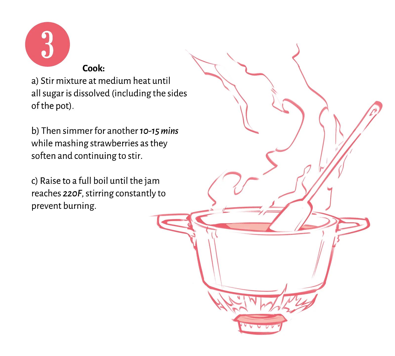 Step 3: Cook Line art illustration of a steaming pot of jam being stirred with a wooden spoon, for step 3 of a strawberry jam recipe