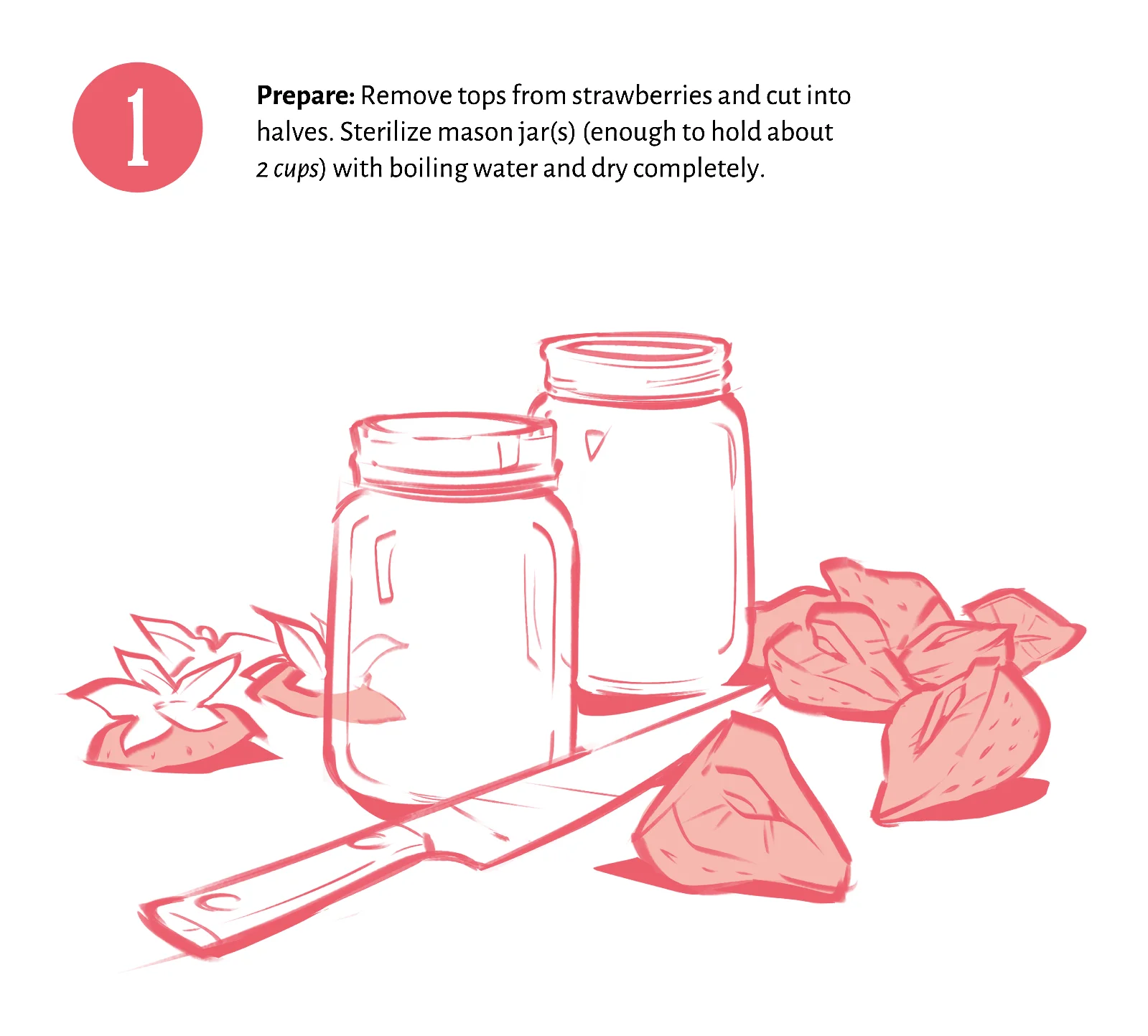 Step 1: Prepare Line art illustration of mason jars, a knife, and halved strawberries, for step 1 of a strawberry jam recipe