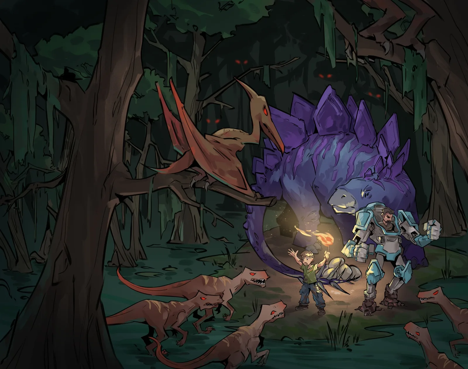 Dino Adventures Book 3 (No Text) Clean full wrap illustration for 'Dino Adventures Book Three: Stegosaurus Swamp', without title text, showing a boy and armored companion facing a stegosaurus and pterosaur in a dark prehistoric swamp