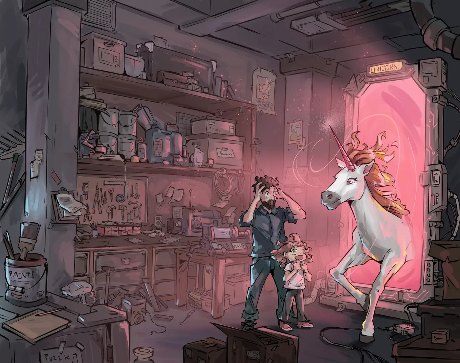 Adventures of Aletia Book 1 (No Text) Clean full wrap illustration for 'There's a Unicorn in My Basement! Adventures in Aletia Book One', without title text, showing a startled father and child confronting a glowing white unicorn in a cluttered basement workshop