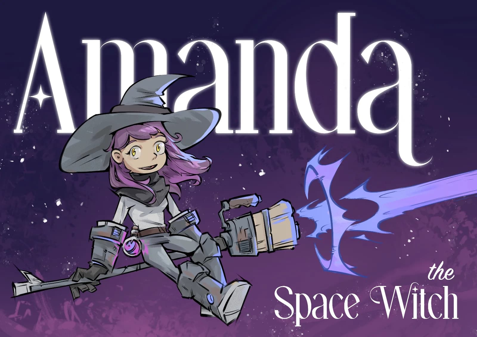 Amanda the Space Witch Splash Book cover illustration for 'Amanda the Space Witch' featuring a chibi-style girl in a witch hat and mechanical space armor riding a broom alongside a glowing energy sword against a purple starfield