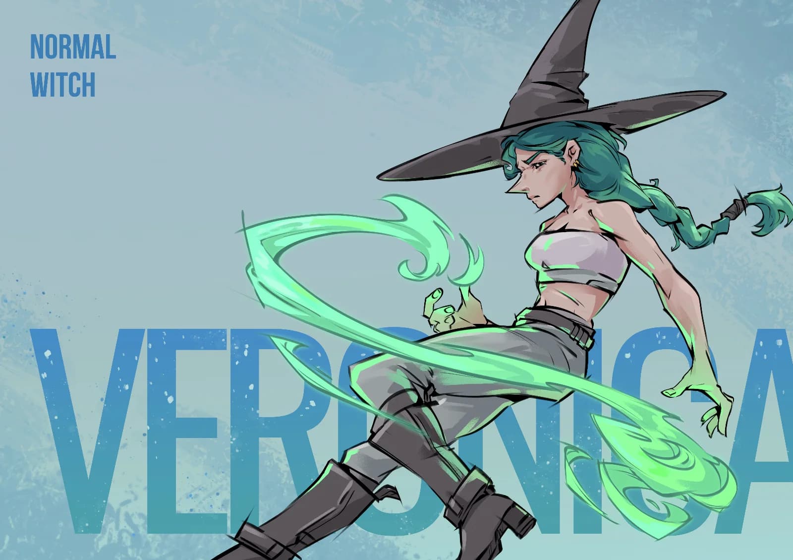 Veronica the Normal Witch Splash Character illustration of Veronica the Normal Witch, a confident figure with teal hair and a wide-brimmed hat channeling swirling green magic energy, set against a textured blue-grey background