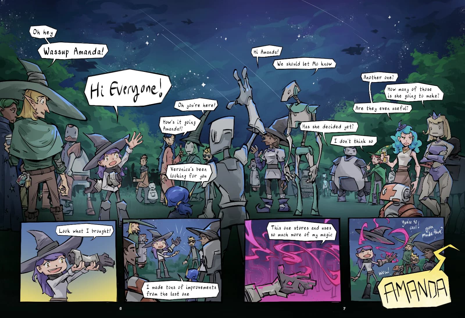 Amanda the Space Witch pg 3-4 Full-color interior comic page showing characters greeting Amanda the Space witch with panels of her showing off an invention to help her magic