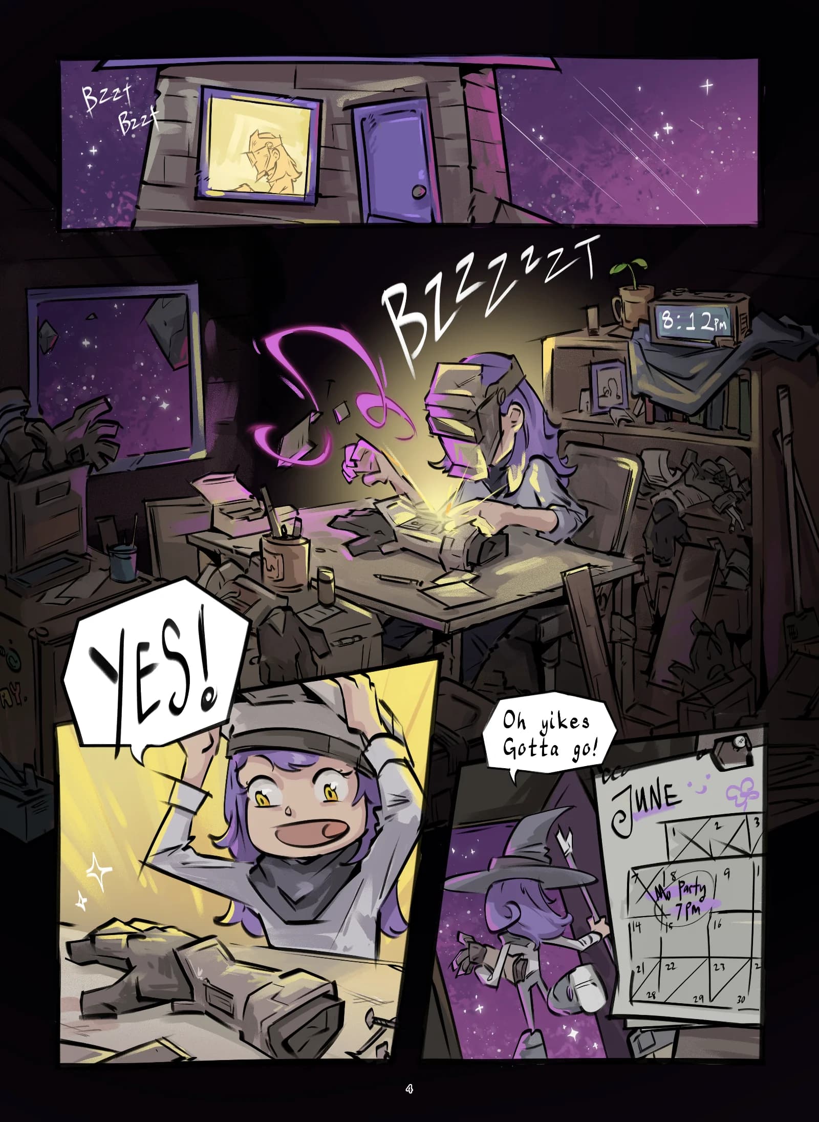 Amanda the Space Witch pg 1 Full-color interior comic page showing Amanda working late in her cluttered workshop on a robot invention before rushing off after being reminded of a party