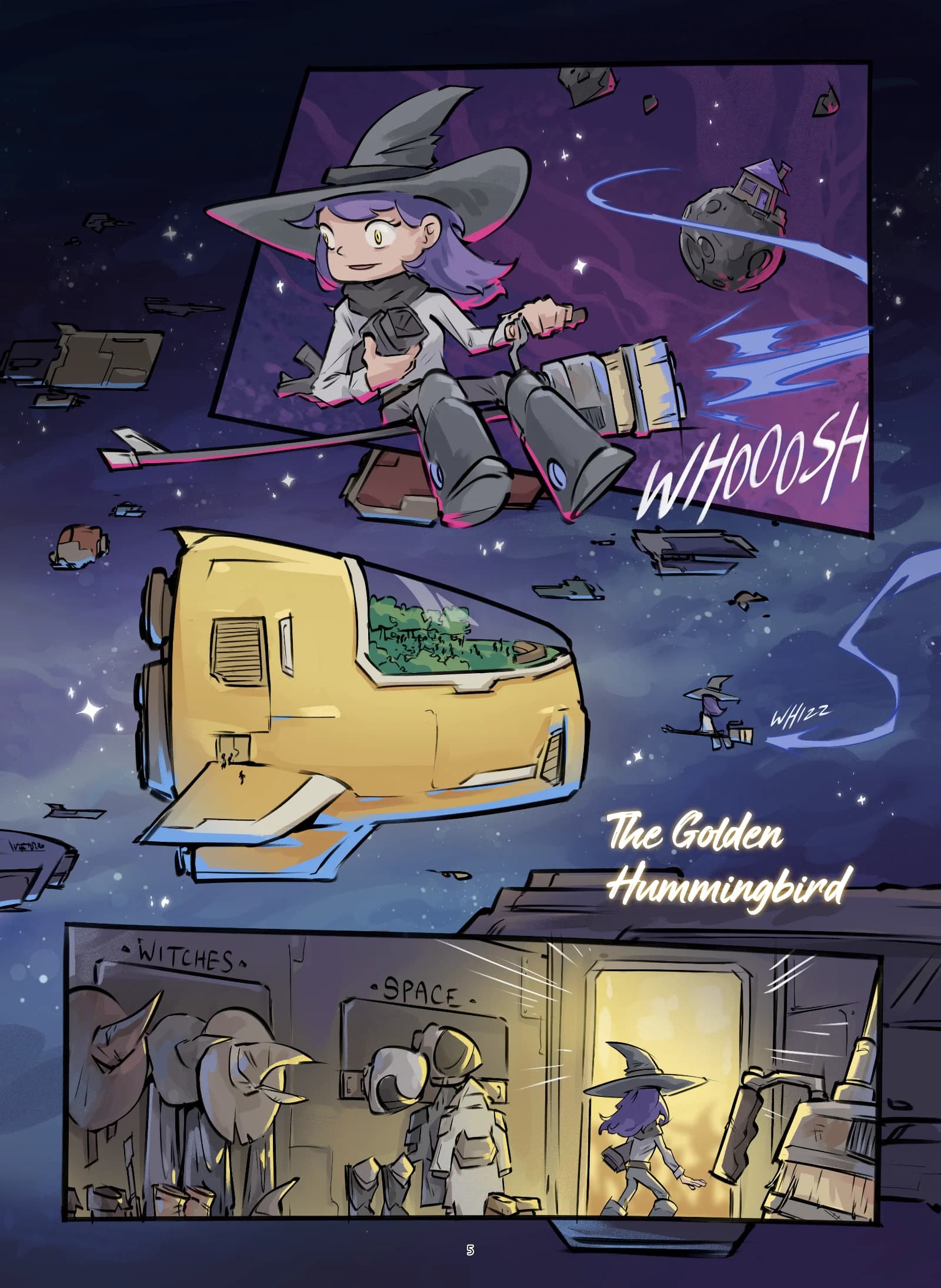 Amanda the Space Witch pg 2 Full-color interior comic page titled 'The Golden Hummingbird' showing Amanda riding a rocket-powered broomstick through space past a small moon with a house on it