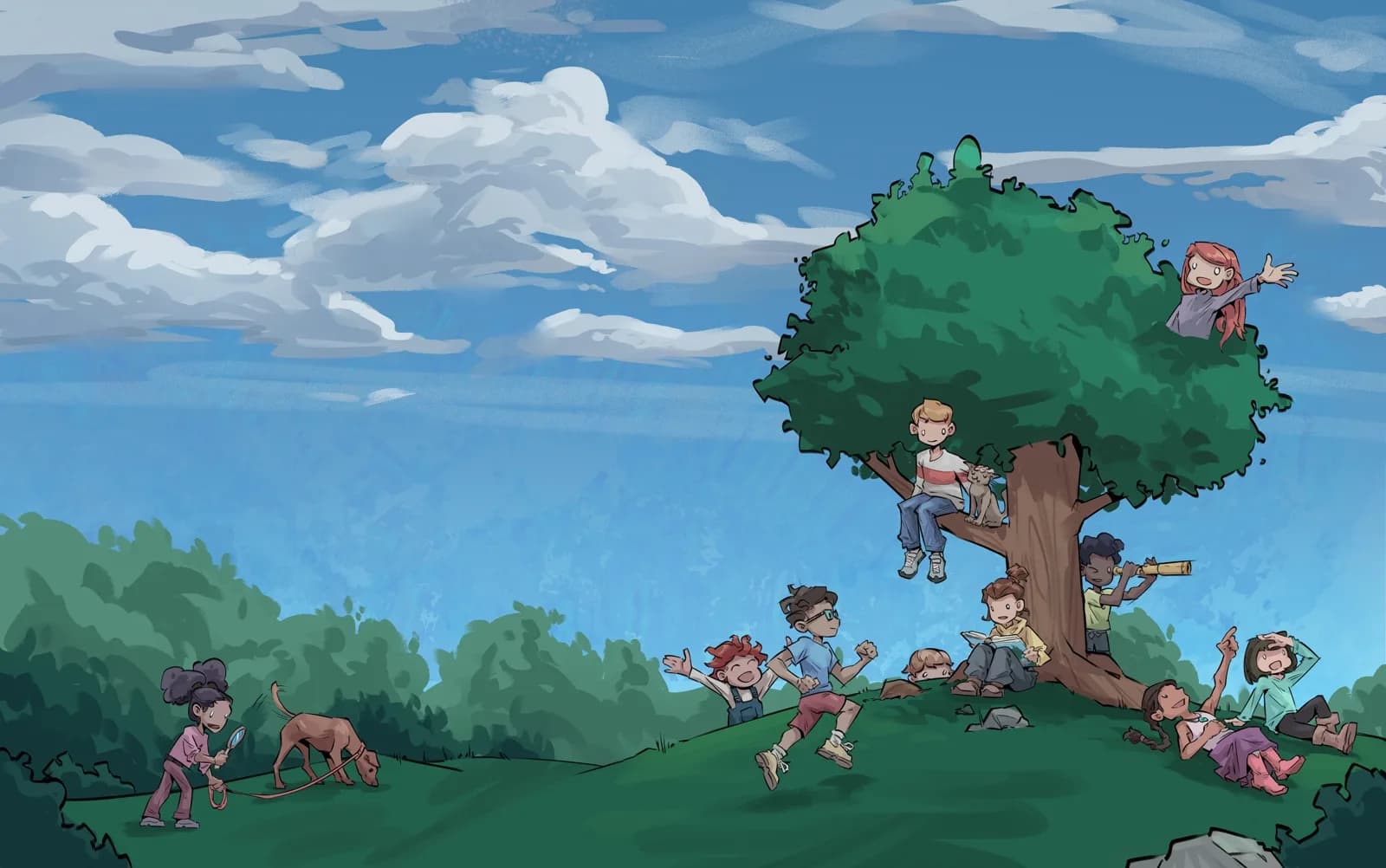 Cover (No Text) Clean full wraparound illustration for the 'I Know Who I Am On The Family Tree' book cover, without title text, showing diverse children playing in and around a large oak tree on a grassy hill