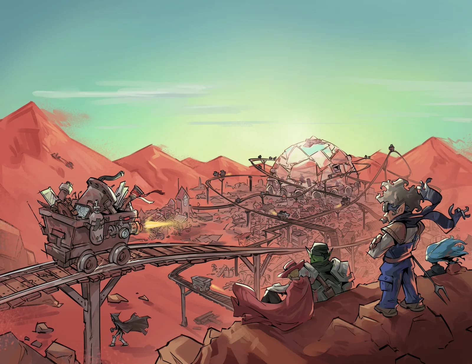 Our Heroes Book 2 (No Text) Clean illustration for 'The Saboteur of Junkdrift: Our Heroes Book Two', without title text, depicting a post-apocalyptic desert scene with characters on a mine cart approaching a sprawling junkyard settlement
